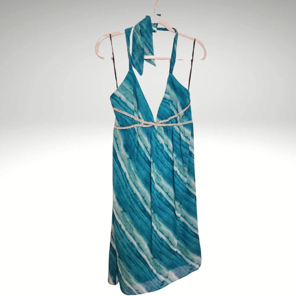 A.B.S. event dress, teal, rhinestone
